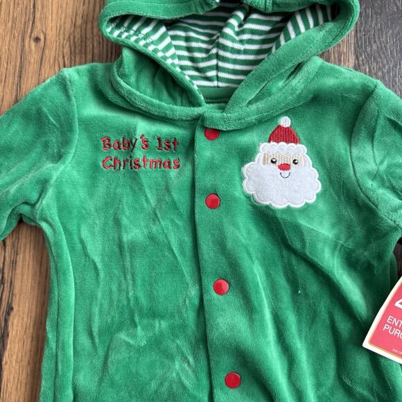 Okie Dokie Baby’s 1st Christmas Green Santa Hooded Romper NWT 3-6 Months - Picture 3 of 4